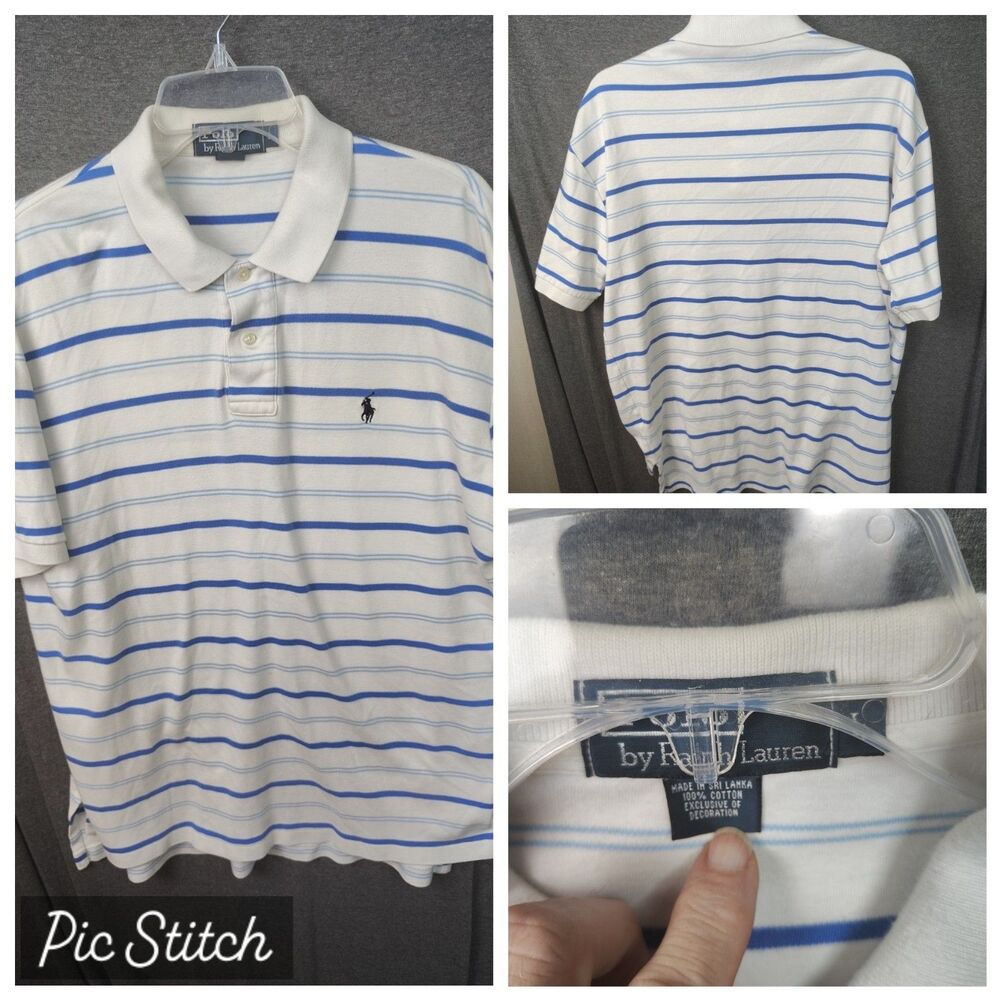 Vintage Polo Ralph Lauren White/Navy/Blue Stripe Short Sleeve CollarShirt Sz L